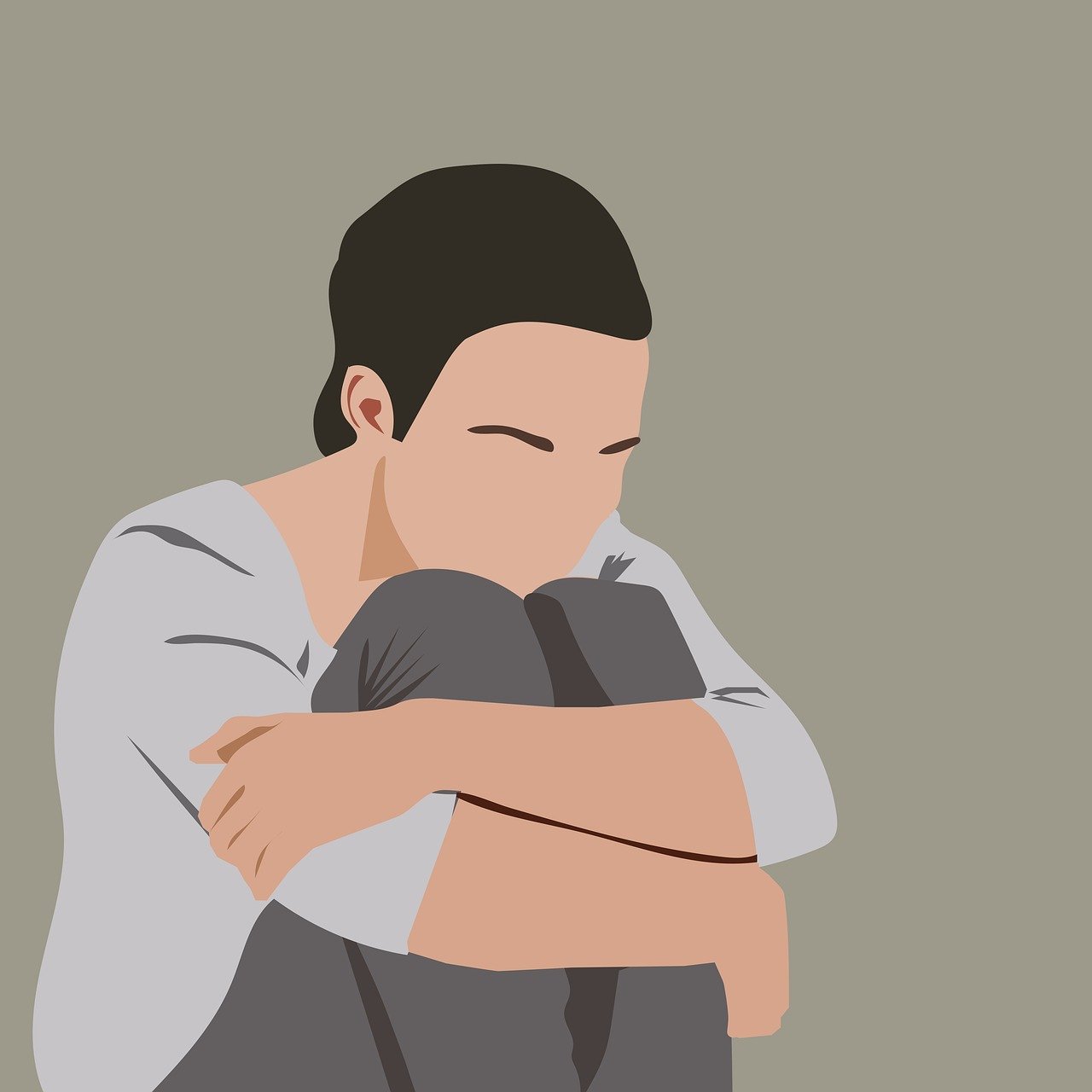 illustration of woman hugging her knees, indicating depression, fear, reduced mental health due to smell loss.