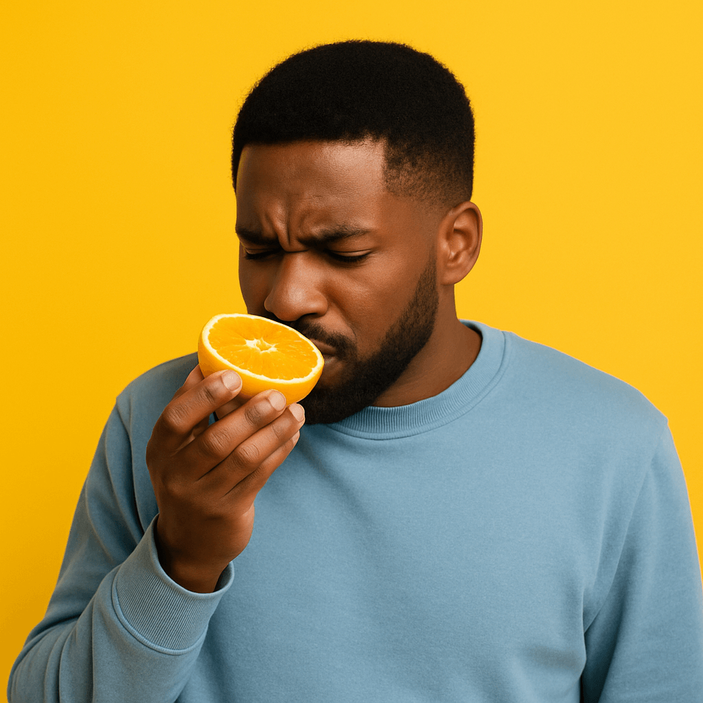 A young Black man looks confused while sniffing half an orange, illustrating the types of smell loss.