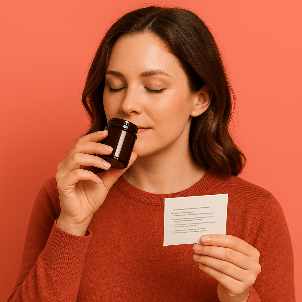 A woman holding a small jar and instruction card while practising smell training, illustrating aromatherapy vs smell training for cognitive wellness.
