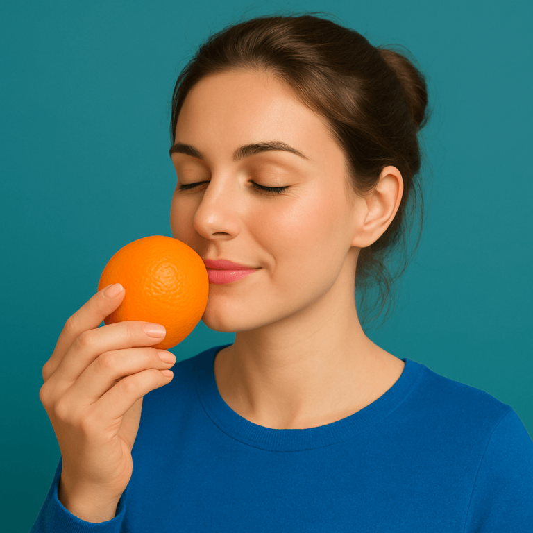 Woman smelling fresh orange during COVID smell loss recovery training, demonstrating olfactory system rehabilitation